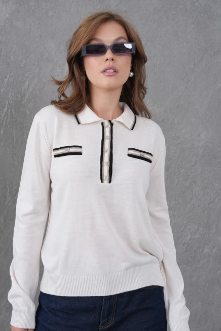 Kadın Polo Yaka Garni Detay Triko Kazak