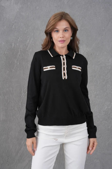 Kadın Polo Yaka Garni Detay Triko Kazak