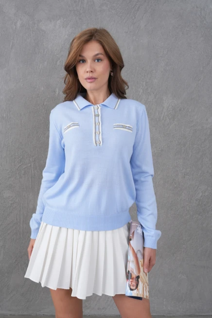 Kadın Polo Yaka Garni Detay Triko Kazak