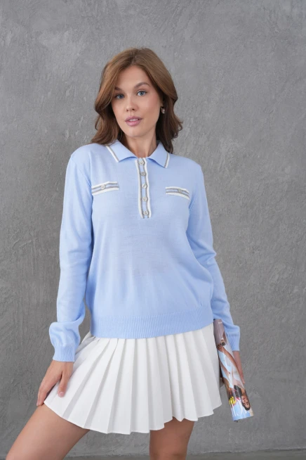 Kadın Polo Yaka Garni Detay Triko Kazak