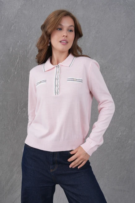 Kadın Polo Yaka Garni Detay Triko Kazak