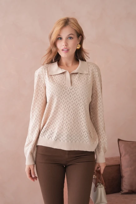 Kadın Polo Yaka Örgü Detay Oversize Triko Kazak