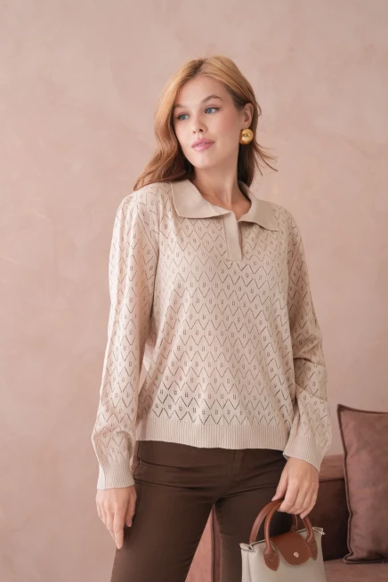 Kadın Polo Yaka Örgü Detay Oversize Triko Kazak