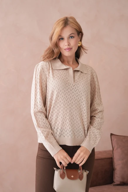 Kadın Polo Yaka Örgü Detay Oversize Triko Kazak