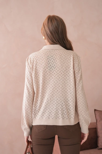 Kadın Polo Yaka Örgü Detay Oversize Triko Kazak