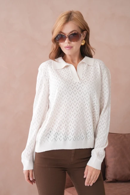 Kadın Polo Yaka Örgü Detay Oversize Triko Kazak