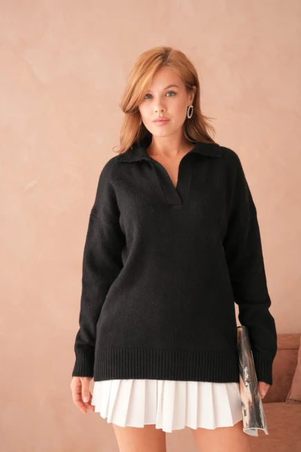 Kadın Polo Yaka Oversize Triko Kazak