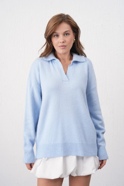 Kadın Polo Yaka Oversize Triko Kazak