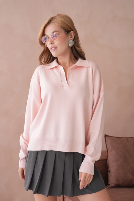 Kadın Polo Yaka Oversize Triko Kazak