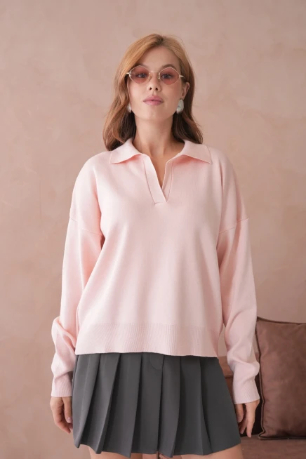 Kadın Polo Yaka Oversize Triko Kazak