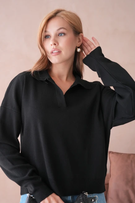 Kadın Polo Yaka Oversize Triko Kazak