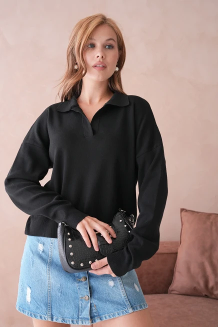 Kadın Polo Yaka Oversize Triko Kazak