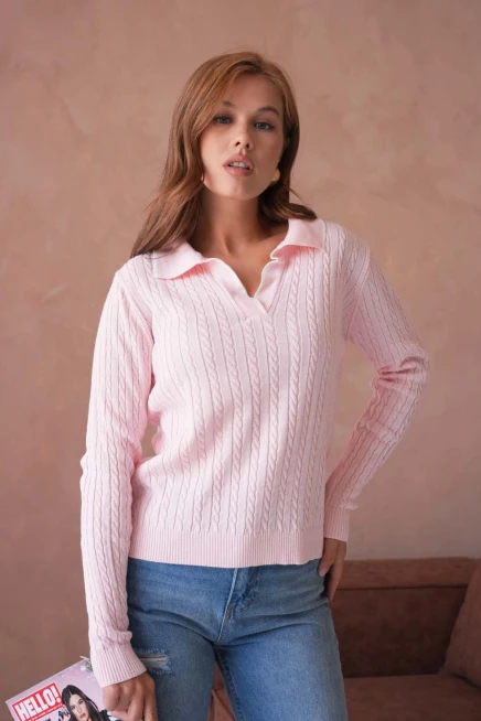 Kadın Polo Yaka Saç Örgü Triko Kazaak