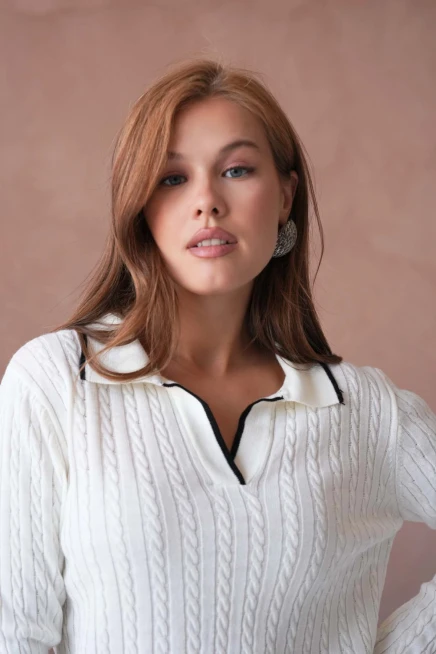 Kadın Polo Yaka Saç Örgü Triko Kazaak