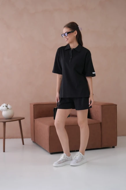 Kadın Polo Yaka T-Shirt-Şort Penye Takım