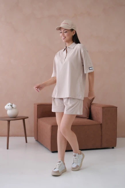 Kadın Polo Yaka T-Shirt-Şort Penye Takım