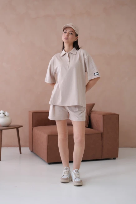 Kadın Polo Yaka T-Shirt-Şort Penye Takım