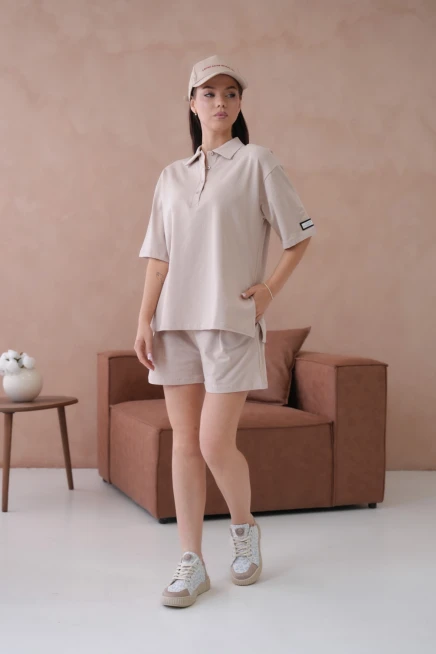 Kadın Polo Yaka T-Shirt-Şort Penye Takım