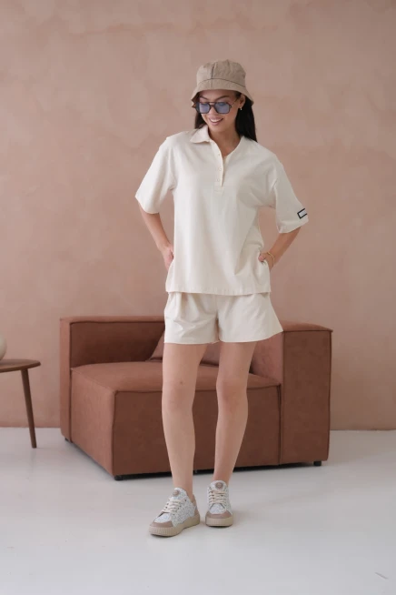 Kadın Polo Yaka T-Shirt-Şort Penye Takım