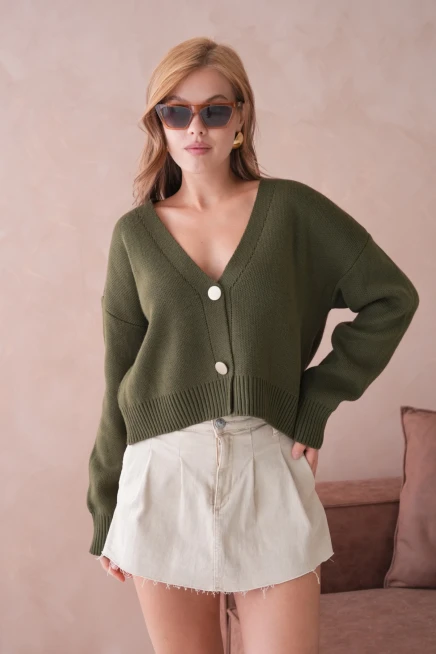 Kadın Polo Yakka Düğme Detay Oversize Triko Hırka