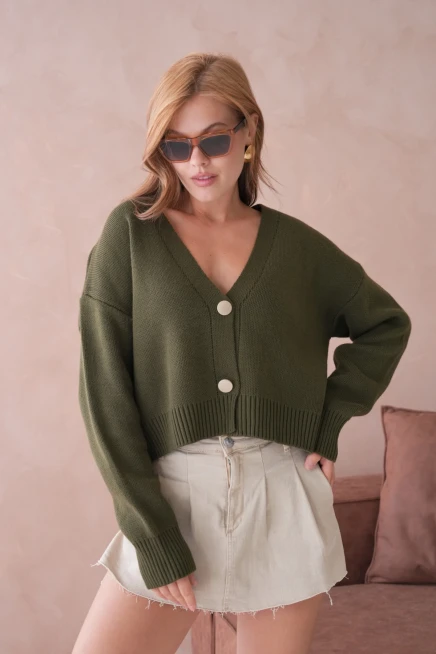 Kadın Polo Yakka Düğme Detay Oversize Triko Hırka