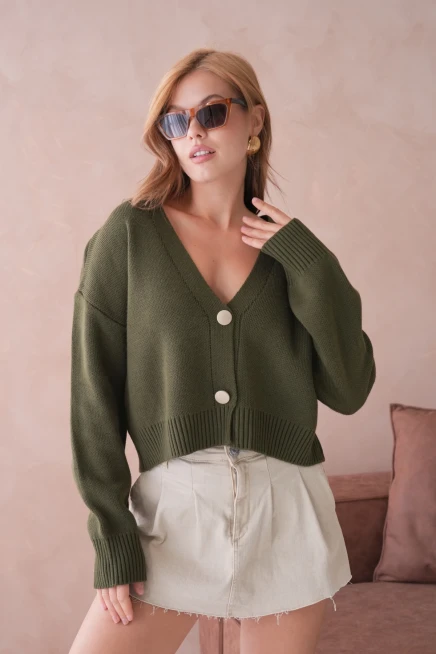 Kadın Polo Yakka Düğme Detay Oversize Triko Hırka