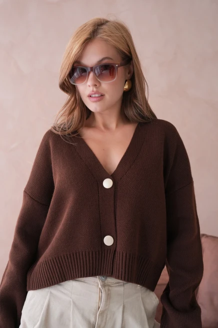 Kadın Polo Yakka Düğme Detay Oversize Triko Hırka