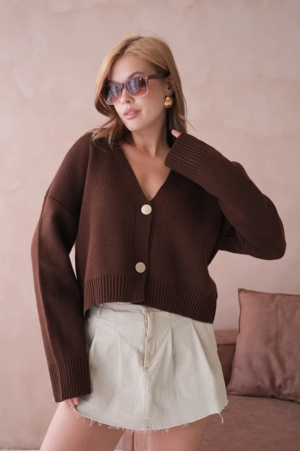 Kadın Polo Yakka Düğme Detay Oversize Triko Hırka