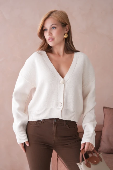 Kadın Polo Yakka Düğme Detay Oversize Triko Hırka