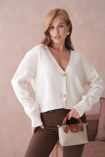 Kadın Polo Yakka Düğme Detay Oversize Triko Hırka