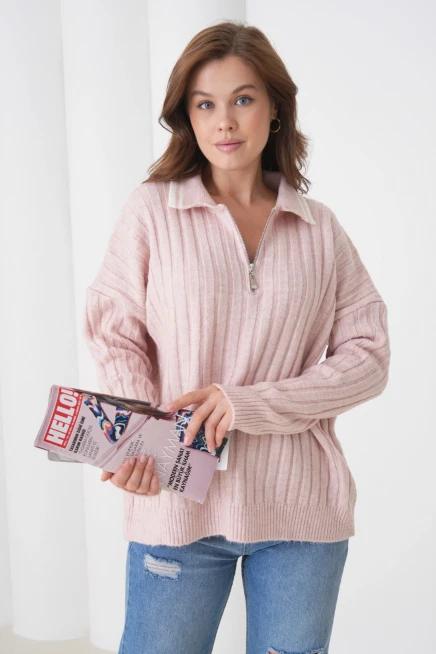 kadın pudra polo yaka fermuarlı oversize triko kazak 8657sw