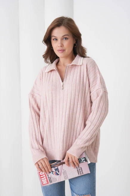 kadın pudra polo yaka fermuarlı oversize triko kazak 8657sw