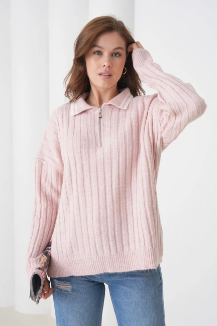 kadın pudra polo yaka fermuarlı oversize triko kazak 8657sw