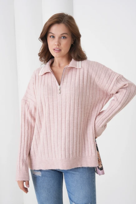 kadın pudra polo yaka fermuarlı oversize triko kazak 8657sw