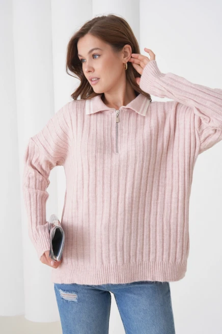 kadın pudra polo yaka fermuarlı oversize triko kazak 8657sw