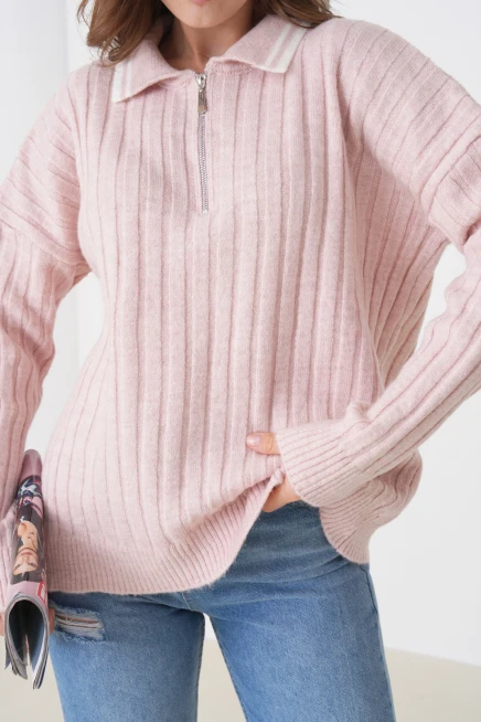 kadın pudra polo yaka fermuarlı oversize triko kazak 8657sw