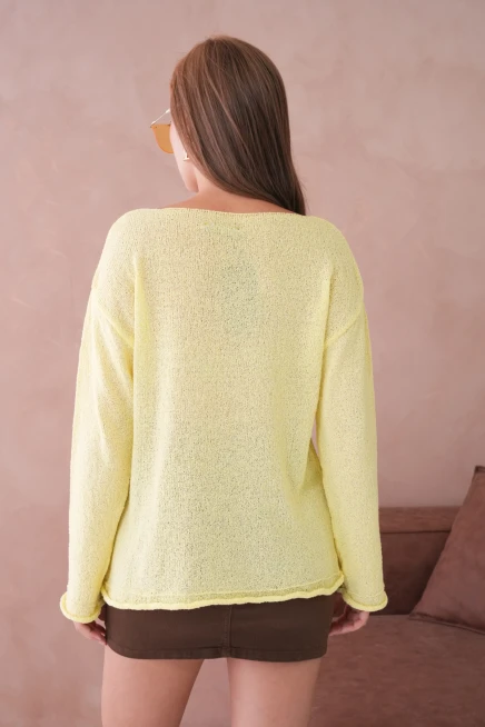Kadın Sarı Basic Oversize Kayık Yaka Dokulu Triko Kazak
