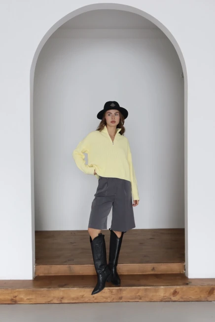 Kadın Sarı Oversize Fermuarlı Basic Triko Kazak