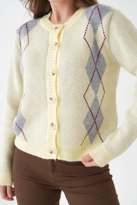 Kadın Sarı Bisiklet Yaka Düğme Detay Desenli Triko Hırka