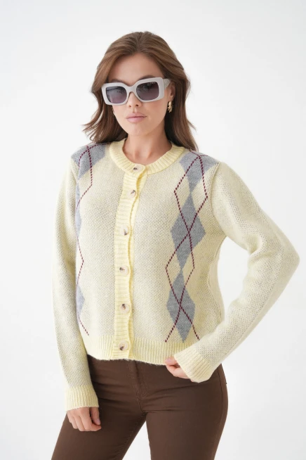 Kadın Sarı Bisiklet Yaka Düğme Detay Desenli Triko Hırka