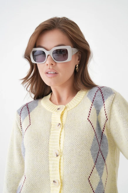 Kadın Sarı Bisiklet Yaka Düğme Detay Desenli Triko Hırka