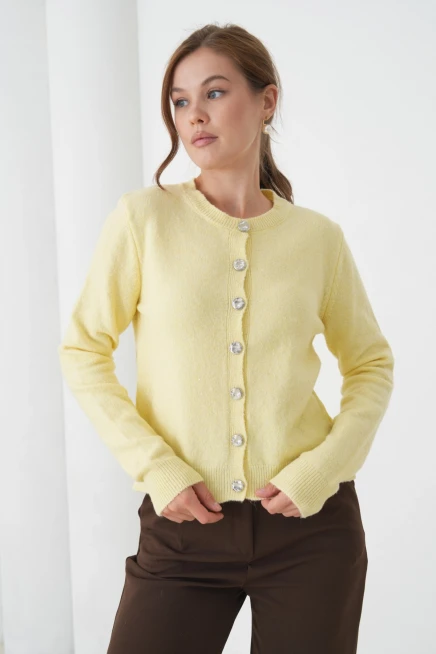 Kadın Sarı Bisiklet Yaka Düğme Detay Yumuşak Dokulu Triko Hırka