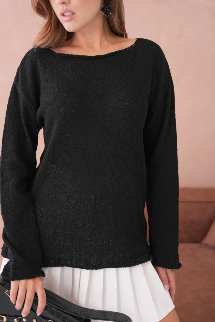 Kadın Siyah Basic Oversize Kayık Yaka Dokulu Triko Kazak