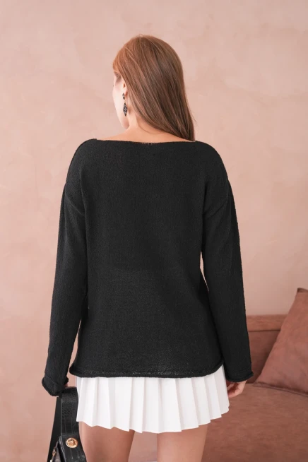 Kadın Siyah Basic Oversize Kayık Yaka Dokulu Triko Kazak