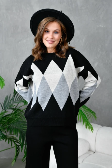 kadın siyah bisiklet yaka baklava desenli kazak pantolon triko alt-üst takım 214076