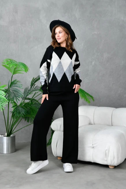 kadın siyah bisiklet yaka baklava desenli kazak pantolon triko alt-üst takım 214076