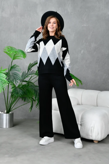 kadın siyah bisiklet yaka baklava desenli kazak pantolon triko alt-üst takım 214076