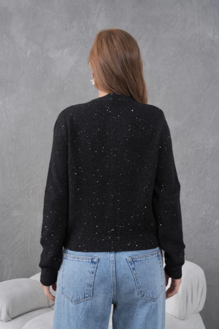 Kadın Siyah Bisiklet Yaka Düğme Detay Yumuşak Dokulu Triko Hırka