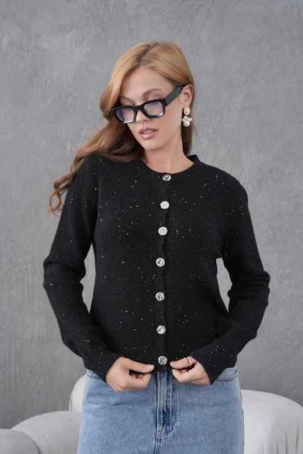 Kadın Siyah Bisiklet Yaka Düğme Detay Yumuşak Dokulu Triko Hırka