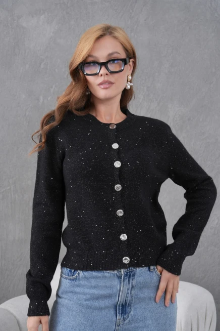 Kadın Siyah Bisiklet Yaka Düğme Detay Yumuşak Dokulu Triko Hırka